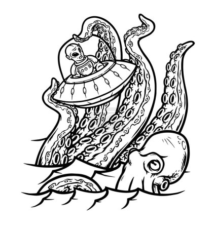 Téléchargez les illustrations : Pieuvre attaque ufo traversant la ligne de mer illustration - en licence libre de droit