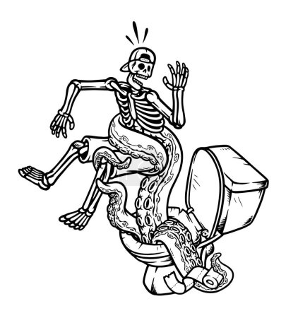Téléchargez les illustrations : Squelette attaqué par toilettes monstre ligne illustration - en licence libre de droit