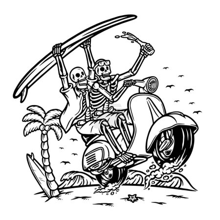 Téléchargez les illustrations : Squelette chevauchant un scooter sur la ligne de plage illustration - en licence libre de droit