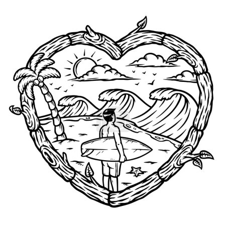 Téléchargez les illustrations : Surfeur sur la plage avec l'amour cadre en bois ligne illustration - en licence libre de droit