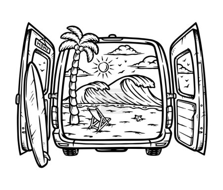 Téléchargez les illustrations : Belle vue sur la plage dans l'illustration de la ligne de voiture - en licence libre de droit