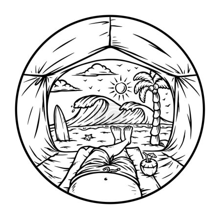 Téléchargez les illustrations : Voir la plage de l'intérieur de la ligne de tente illustration - en licence libre de droit