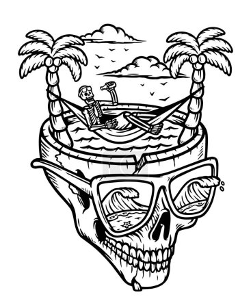 Téléchargez les illustrations : Crâne relaxant sur la ligne de plage illustration - en licence libre de droit