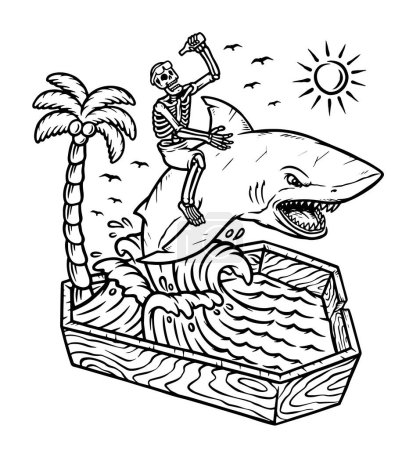 Téléchargez les illustrations : Crâne chevauchant un requin dans la ligne de mer morte illustration - en licence libre de droit