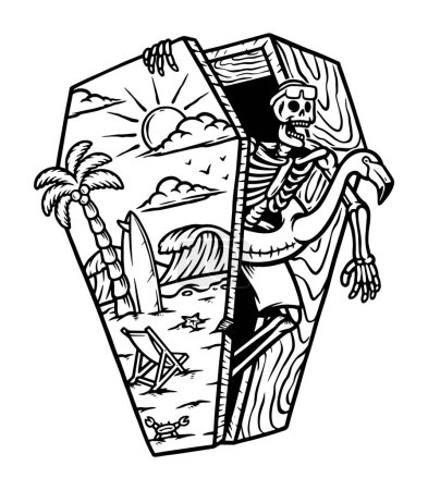 Téléchargez les illustrations : Crâne à la plage dans un cercueil illustration ligne - en licence libre de droit