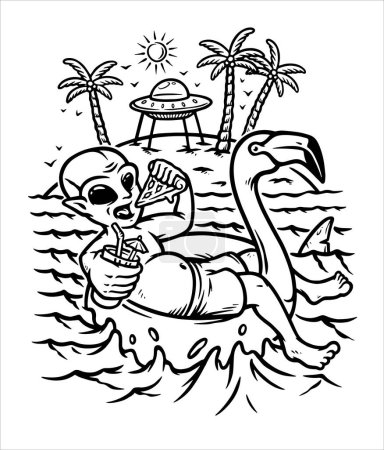 Téléchargez les illustrations : Cool alien froid à plage ligne illustration - en licence libre de droit