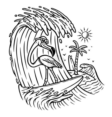 Téléchargez les illustrations : Mignon flamant rose surfant sur la ligne de mer illustration - en licence libre de droit