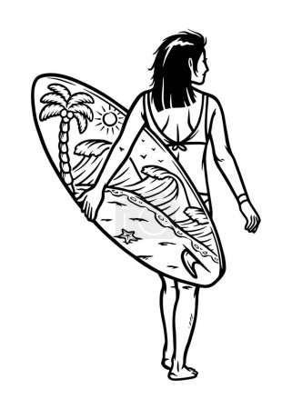 Téléchargez les illustrations : Belle femme et planche de surf ligne illustration - en licence libre de droit