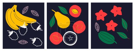 Photo for Abstract appetizing fruit and berries collection. Decorative abstract horizontal banner with colorful doodles. Hand-drawn modern illustrations with fruit and berries, abstract elements. Abstract set - Royalty Free Image