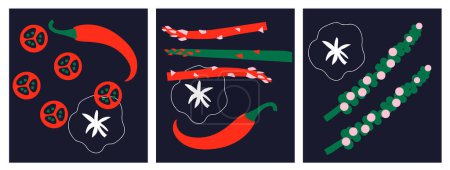 Téléchargez les photos : Résumé Collection appétissante de légumes. Chili, brocoli, asperges. Bannière abstraite décorative avec des griffes colorées. Illustrations modernes dessinées à la main avec Légumes, éléments abstraits. - en image libre de droit