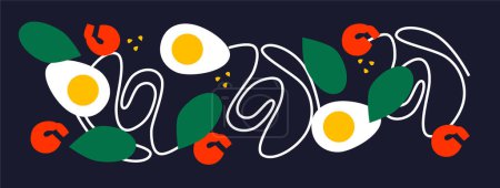 Photo for Abstract appetizing Asian cuisine collection. Decorative abstract horizontal banner with colorful doodles. Hand-drawn modern illustrations noodles and Vegetables abstract elements. Asian cuisine - Royalty Free Image