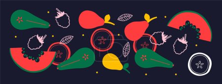 Photo for Appetizing fruit and berries collection. Decorative abstract horizontal banner with colorful doodles. Hand-drawn modern illustrations with fruit and berries, abstract elements. Abstract series - Royalty Free Image