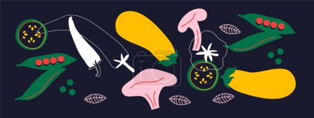 Photo for Abstract appetizing Vegetables collection. Decorative abstract horizontal banner with colorful doodles. Hand-drawn modern illustrations with Vegetables, abstract elements. Cucumber, peas, pepper. - Royalty Free Image