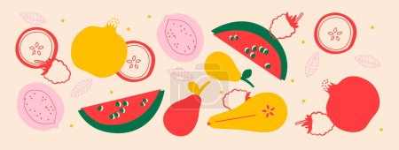 Photo for Cute appetizing Fruits and berries collection. Decorative abstract horizontal banner with colorful doodles. Hand-drawn modern illustrations with Fruits and berries, abstract elements. - Royalty Free Image