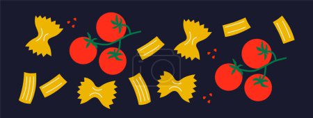 Foto de Set de fideos y verduras abstractos. Pasta italiana con ilustración divertida de dibujos animados de tomate. Vector. Cartel de tipografía de colores divertidos, publicidad, diseño de impresión de envases, decoración de menú de restaurante. - Imagen libre de derechos