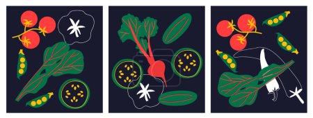 Téléchargez les photos : Modèle de légumes biologiques vectoriels. Ensemble de légumes juteux dans le style dessin animé. Mode de vie sain, végétarisme - en image libre de droit