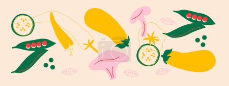 Foto de Linda colección de verduras apetitosas. Banner horizontal abstracto decorativo con garabatos de colores. Ilustraciones modernas dibujadas a mano con verduras, elementos abstractos. - Imagen libre de derechos