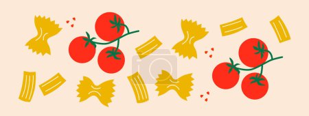 Téléchargez les photos : Ensemble de nouilles abstraites. Pâtes italiennes avec illustration drôle de dessin animé tomate. Vecteur sur fond noir. Affiche de typographie colorée drôle, publicité, conception d'impression d'emballage, décoration de menu de restaurant. - en image libre de droit