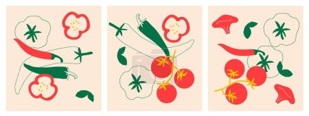 Téléchargez les photos : Mignonne collection de légumes appétissants. Bannière horizontale abstraite décorative avec des griffes colorées. Illustrations modernes dessinées à la main avec Légumes, éléments abstraits. - en image libre de droit