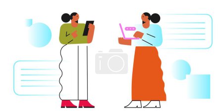 Illustration for Concept of social networks, virtual relationships. New generation. Friends chatting and texting. Vector flat illustration. - Royalty Free Image