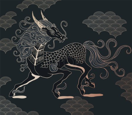 Téléchargez les illustrations : Créature mythologique. Cheval Dragon, vagues simples fond à motifs - en licence libre de droit