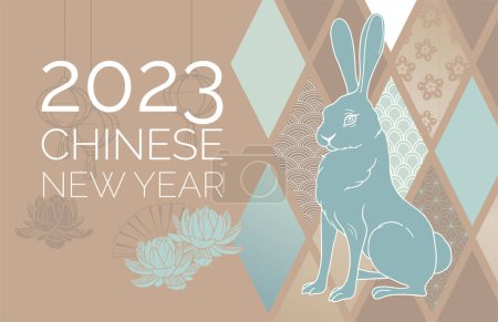 Téléchargez les illustrations : Illustration colorée de la carte heureuse année chinoise avec lapin - en licence libre de droit