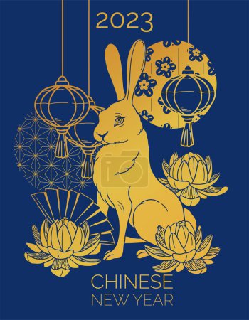 Illustration for Colorful illustration of chinese happy new year card with rabbit - Royalty Free Image