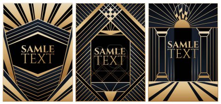 Téléchargez les illustrations : Collection de trois cadres art déco aux couleurs de luxe noir et or - en licence libre de droit