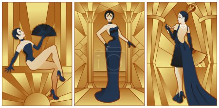 Téléchargez les illustrations : Illustrations art déco colorées ensemble de dames dans des robes de soirée élégantes - en licence libre de droit