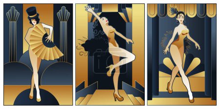 Ilustración de Coloridas ilustraciones art deco conjunto de damas en vestidos de noche con estilo - Imagen libre de derechos