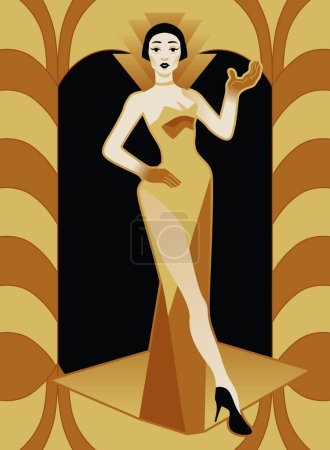 Illustration for Colorful art deco illustration of lady in stylish evening dress - Royalty Free Image