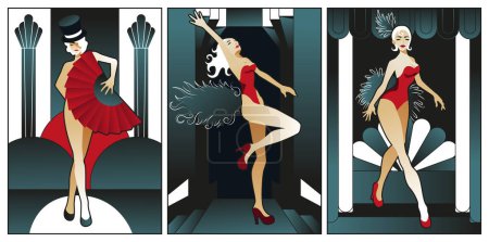 Ilustración de Coloridas ilustraciones art deco conjunto de damas en vestidos de noche con estilo - Imagen libre de derechos