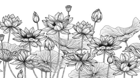  Nahtloser horizontaler Mustergarten mit Lotusblumen im Gravurstil