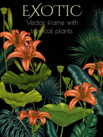 Téléchargez les illustrations : Cadre vectoriel avec plantes tropicales. Fleurs et feuilles tropicales de couleur linéaire graphique. Monstera, lis orange, feuilles de palmier et de banane - en licence libre de droit