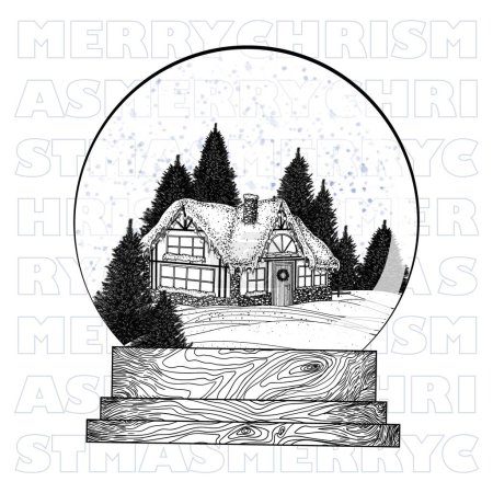 Téléchargez les illustrations : Illustration vectorielle d'une carte de Noël. Balle avec une maison et des arbres de Noël dans la neige - en licence libre de droit