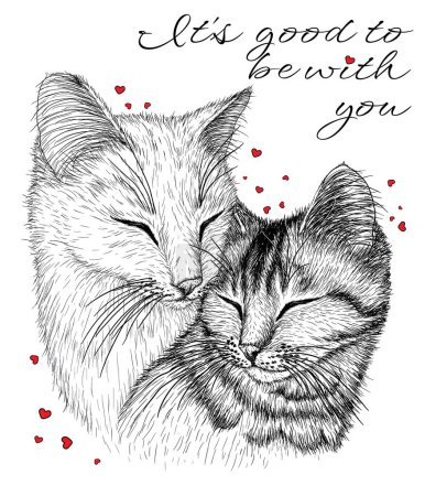 Téléchargez les illustrations : Illustration vectorielle d'une carte Saint-Valentin. Aimer les chats dans le style de la gravure - en licence libre de droit
