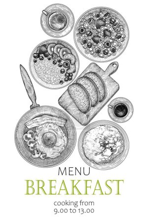 Illustration for Vector illustration of different breakfasts. Fried eggs with bacon, tomatoes, mushrooms in a pan, pancakes, oatmeal with fruits, corn flakes with fruits, bread on the board, sandwiches - Royalty Free Image