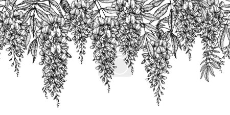Téléchargez les illustrations : Seamless vector horizontal pattern bush of flowering wisteria in engraving style - en licence libre de droit
