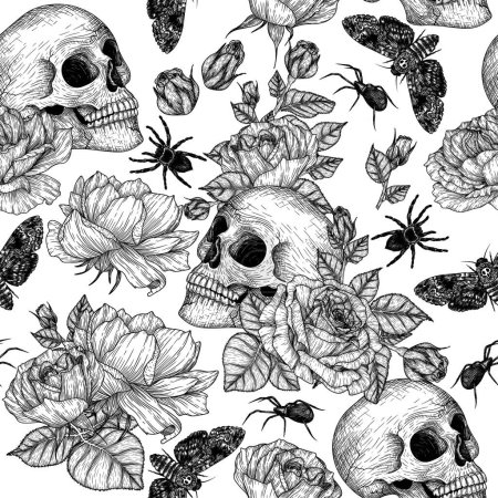  Seamless vector gothic pattern in engraving style. Graphic linear skull, roses, moth, spider