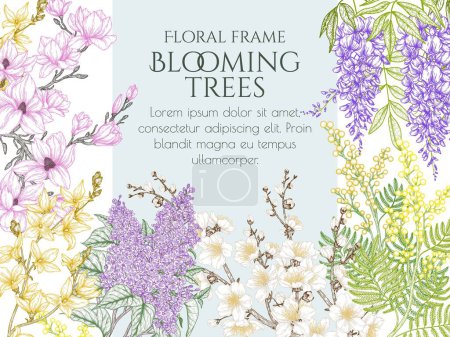 Illustration for Vector illustration frame of spring flowering trees. Cherry blossom, wisteria, lilac, mimosa, magnolia, forsythia in engraving style - Royalty Free Image