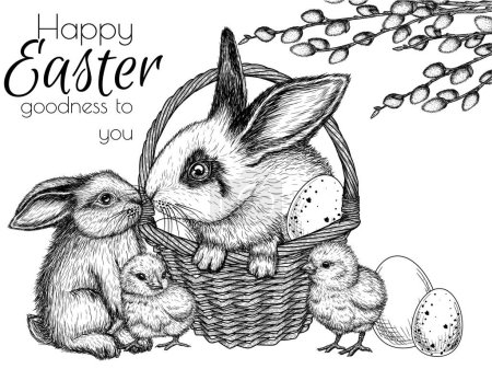  Ilustración vectorial de una tarjeta de Pascua. Un conejo en una cesta, pollitos, huevos, sauce
