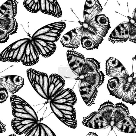 Téléchargez les illustrations : Modèle vectoriel sans couture avec des insectes. Papillon monarque, papillon ruche, papillon paon en style gravure - en licence libre de droit
