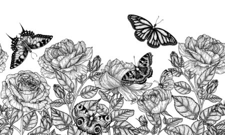 Téléchargez les illustrations : Motif horizontal sans couture roses et papillons de jardin dans le style de gravure - en licence libre de droit