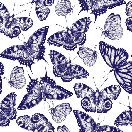 Téléchargez les illustrations : Modèle vectoriel sans couture avec des insectes. Monarque papillon, papillon ruche, paon papillon, papillon hirondelle, pieridae en style gravure - en licence libre de droit