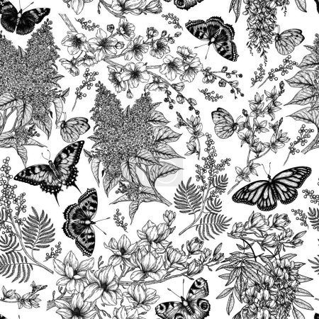 Téléchargez les illustrations : Seamless vector pattern with butterflies and flowering trees. Cherry blossom, lilac, mimosa, magnolia, forsythia, monarch butterfly, peacock butterfly, butterfly swallowtail, pieridae - en licence libre de droit