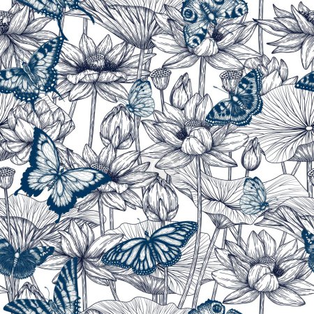 Téléchargez les illustrations : Jardin à motifs vectoriels sans couture avec des fleurs de lotus et des papillons en style gravure - en licence libre de droit