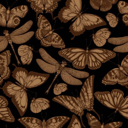 Téléchargez les illustrations : Seamless vector dark pattern with insects. Monarch butterfly, hive butterfly, peacock butterfly, butterfly swallowtail, pieridae, butterflies admiral, podalirius, papilio, dragonfly in engraving style - en licence libre de droit