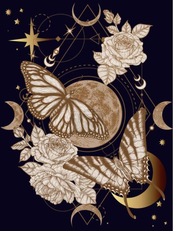  Vector mystical illustration of Monarch Butterfly and podalirius Butterfly surrounded by geometric shapes, moon, stars and rose flowers