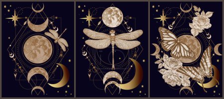  Set von 3 Vektor-mystischen Illustrationen mit Schmetterlingen, Libellen, Mond, Sternen, Rosenblüten auf einem geometrischen magischen Hintergrund