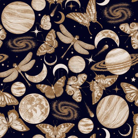 Ilustración de Patrón vectorial inconsútil de mariposas, libélulas, luna, planetas, cometas, galaxias, estrellas - Imagen libre de derechos